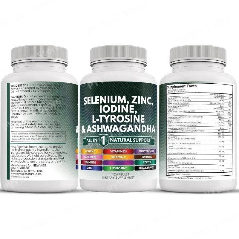 Multimineral Vitamin Capsules with Selenium Zinc Iodine L-TyrosineTurmeric Silica Supplement Daily Nutrition Support 120 Count