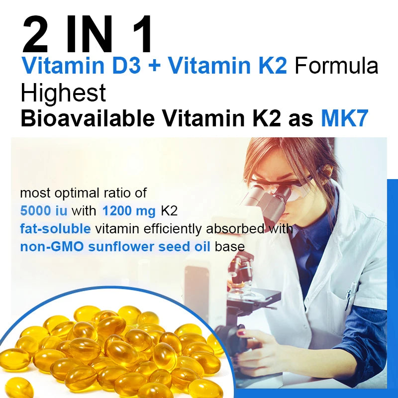 Vitamin D3+K2 Capsules - Helps Regulate Calcium Metabolism and Supports Teeth, Bones, Heart Health, Joint Health, and Immunity