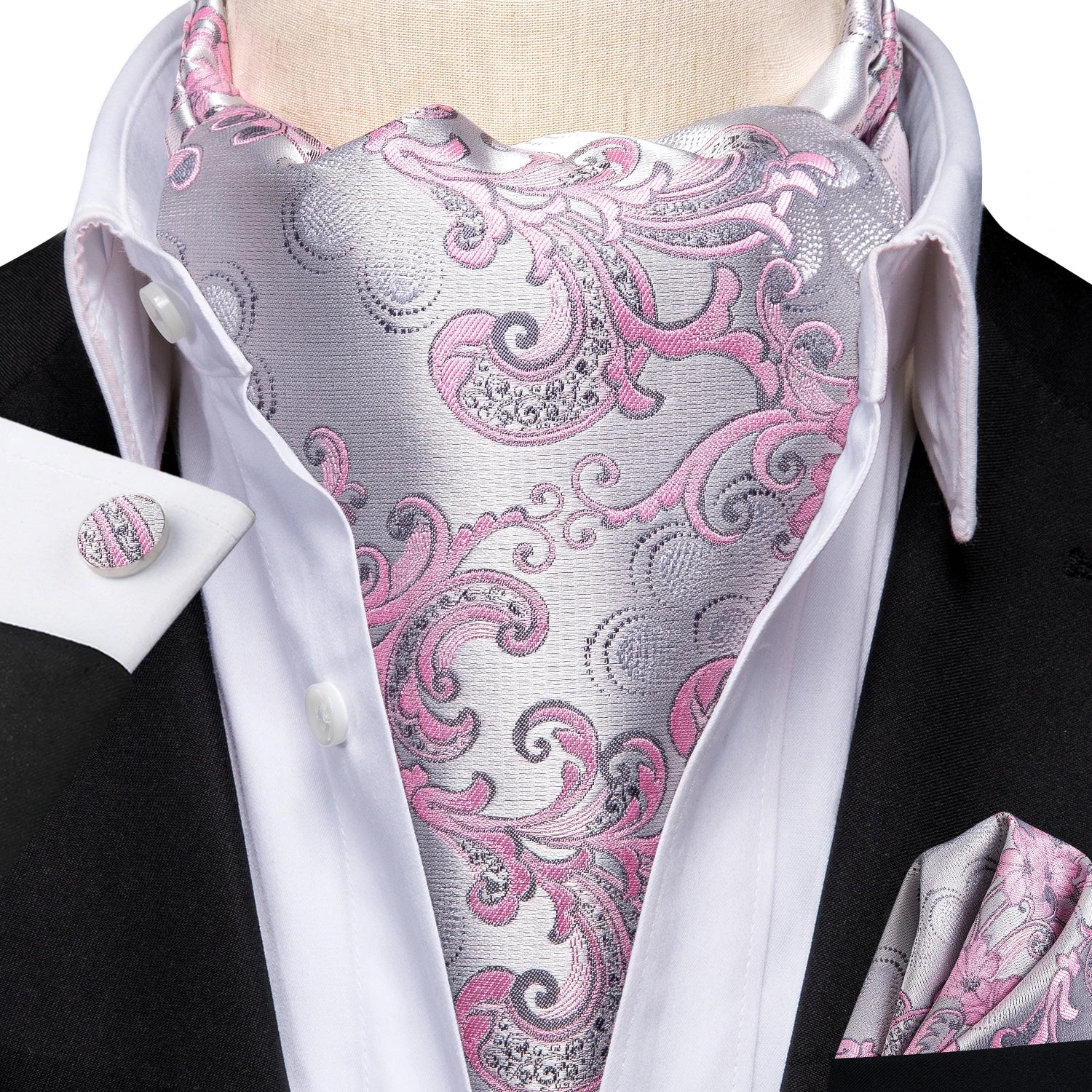 Hi-Tie Mens Ascot Black Pink Blue Red Gold Green Purple White Cravat Tie Hanky Cufflinks for Male Wedding Business Prom