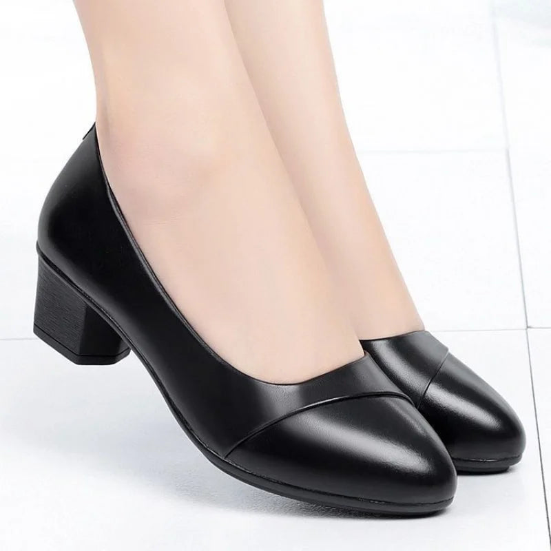Women Shallow Mouth Mid Heel Shoes 3-5cm Square Heel Low Top Pointed Toe PU Leather Rubber Sole Comfort Casual Office Dress Wear