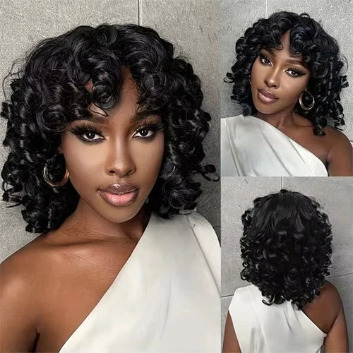 250% Bouncy Curly Bob Human Hair Wigs Loose Bouncy Rose Curly Wigs With Bangs Brazilian Remy Hair Machine Made Wig for Women