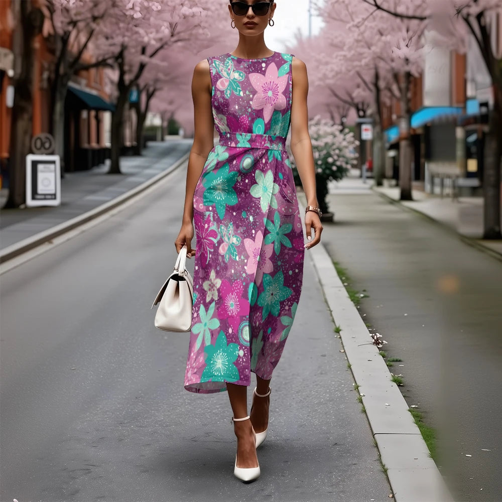 Elegant Floral Dress for Women Breathable A-Line Sleeveless Dress Chic Blue & White with Pink Blooms Office To Vacation Dress