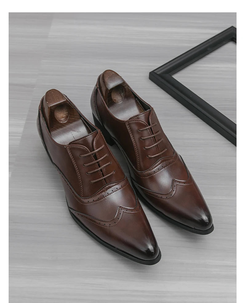 Men's High Heel Business Leather Shoes Mens Pointed Toe Dress Office Flats Men Fashion Wedding Party Oxfords Plus Size 38-46