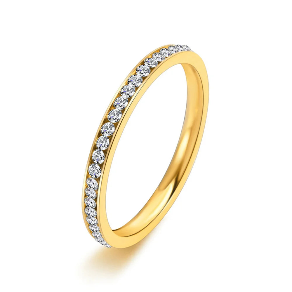 2mm Iced Out Cubic Zirconia Ring Female Gold Silver Color Stainless Steel Wedding Rings for Women Fashion Jewelry Gift