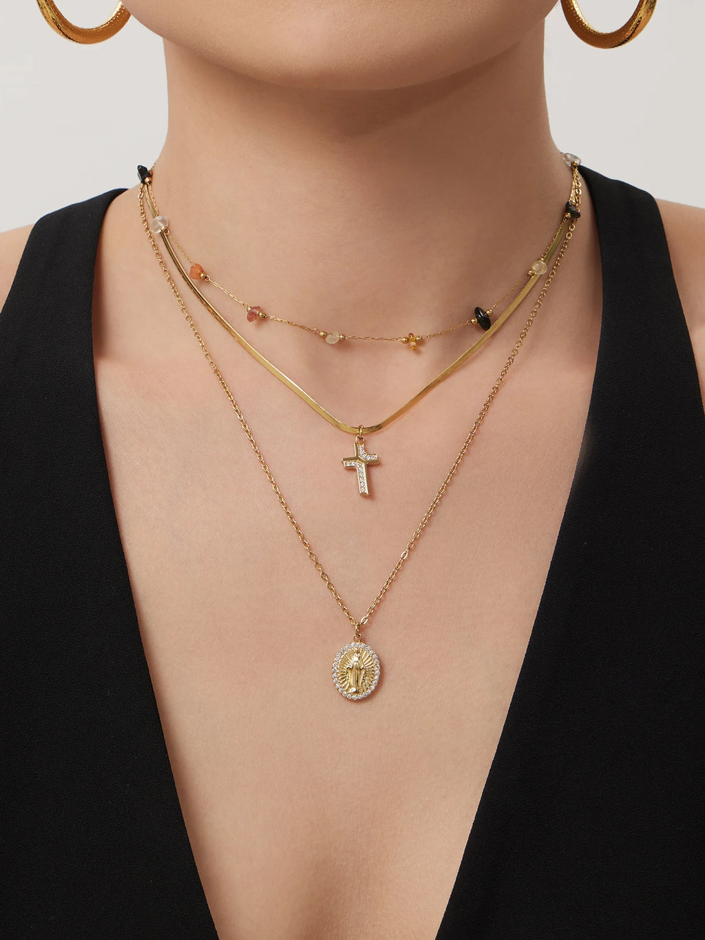Liora Chic Cubic Zirconia Cross Pendant Necklaces For Women Double Chain Stainless Steel Mujer Choker Fashion Party Jewelry