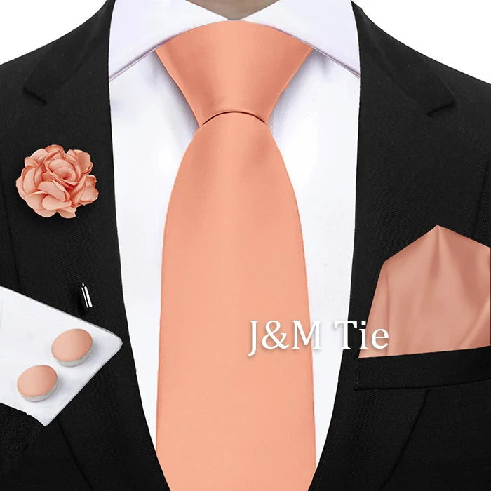 Mens Ties Solid NeckTie Pocket Square Brooch Set Men's Wedding Pink Blue Purple Tie Suit Accessories Fit Group Holiday Party