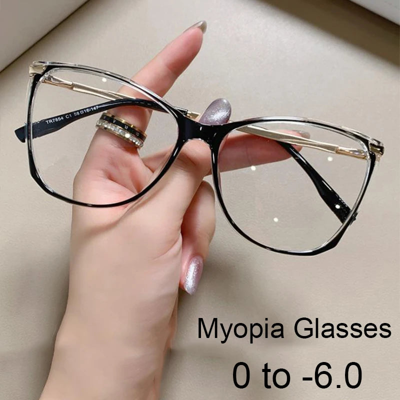 Blue Light Blocking Cat Eye Nearsighted Eyeglasses Women Men TR90 Metal Spring Hinge Eyeglasses Luxury Myopia Glasses -1.75 -6.0