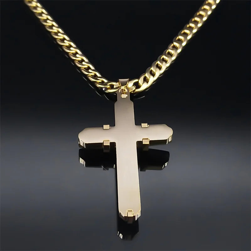 Men's Cross Male Crucifix Long Necklace for Women Stainless Steel Gold Plated Christian Long Necklaces Biker Jewelry N2341S03