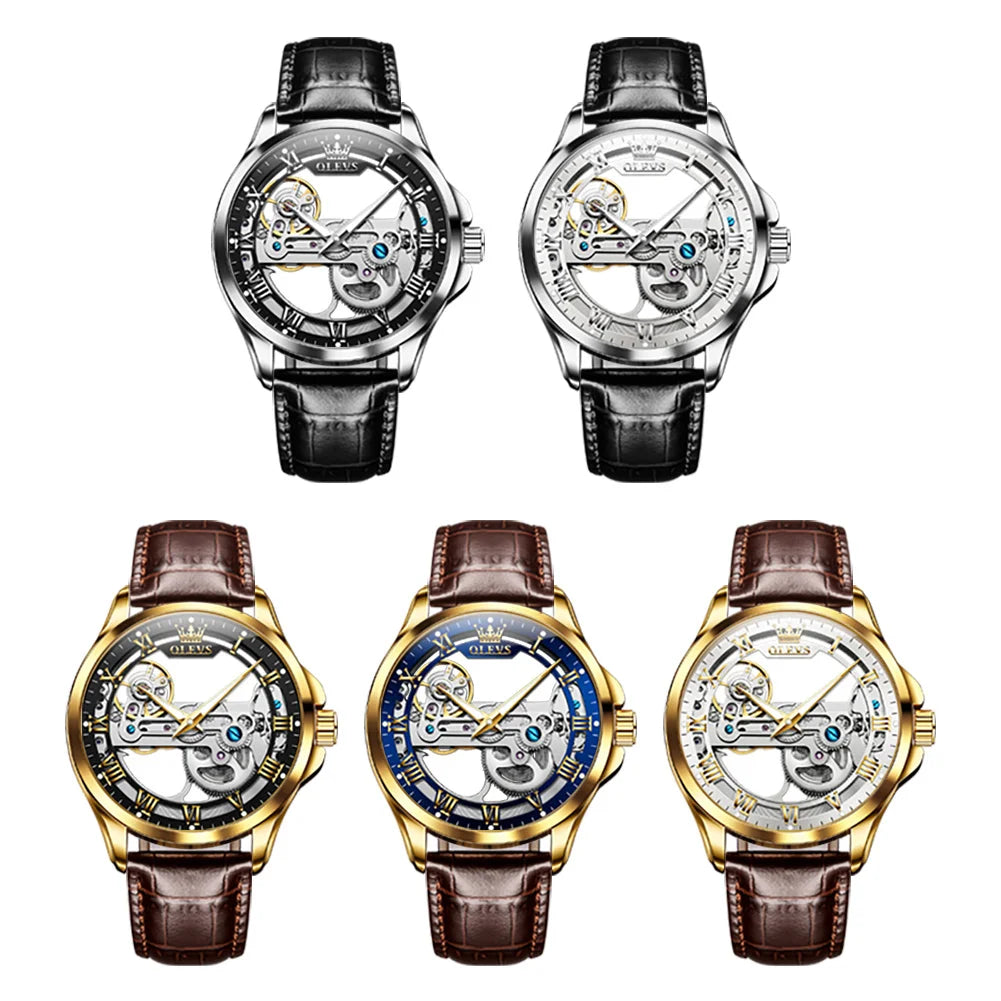 OLEVS 6661 Top Brand Men's Watches Fashion Hollow Flywheel Automatic Mechanical Wristwatch Waterproof Luminous Leather Strap
