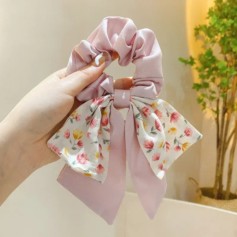 New Floral Print Bow Elastic Hair Bands Women Hair Ties Women Elegant Ribbon Rubber Band Headwear Girls Women  Hair Accessories