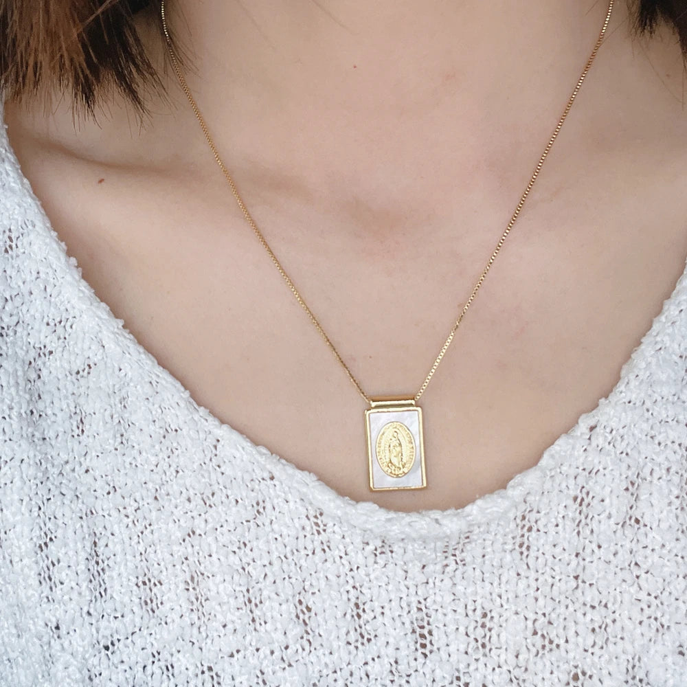 Religious Saint Benedict Cross Guadalupe Necklaces Female Metal Gold Natural Sea Shell Pendant Jewelry For Women