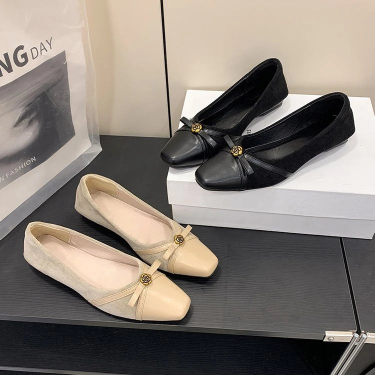 Women's Dance Shoes, Lightweight Breathable Square Toe Bow Flats, PU Leather Office Dress Shoes for Banquet, Date & Party