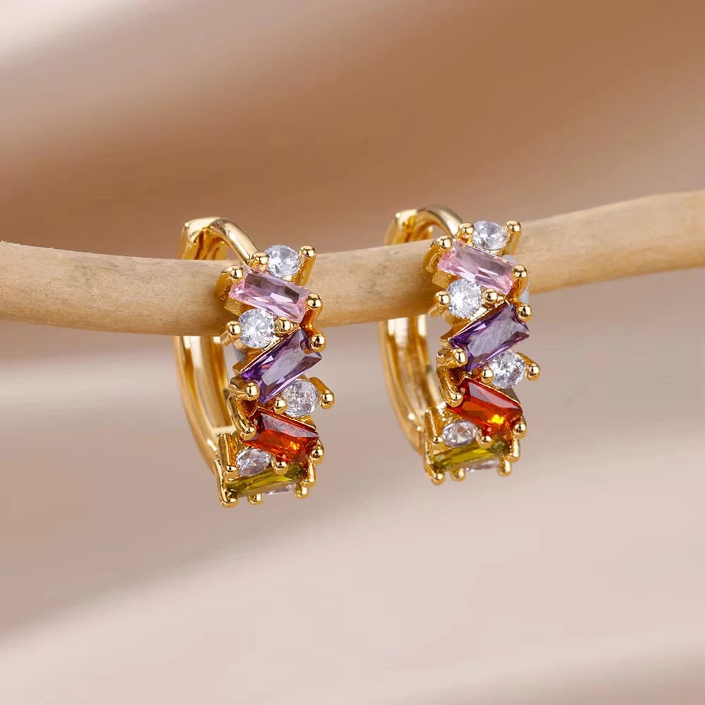 Cubic Zirconia Hoop Earrings For Women Luxury Crystal Zircon Gold Color Stainless Steel Earring Jewelry Wedding Party Gift