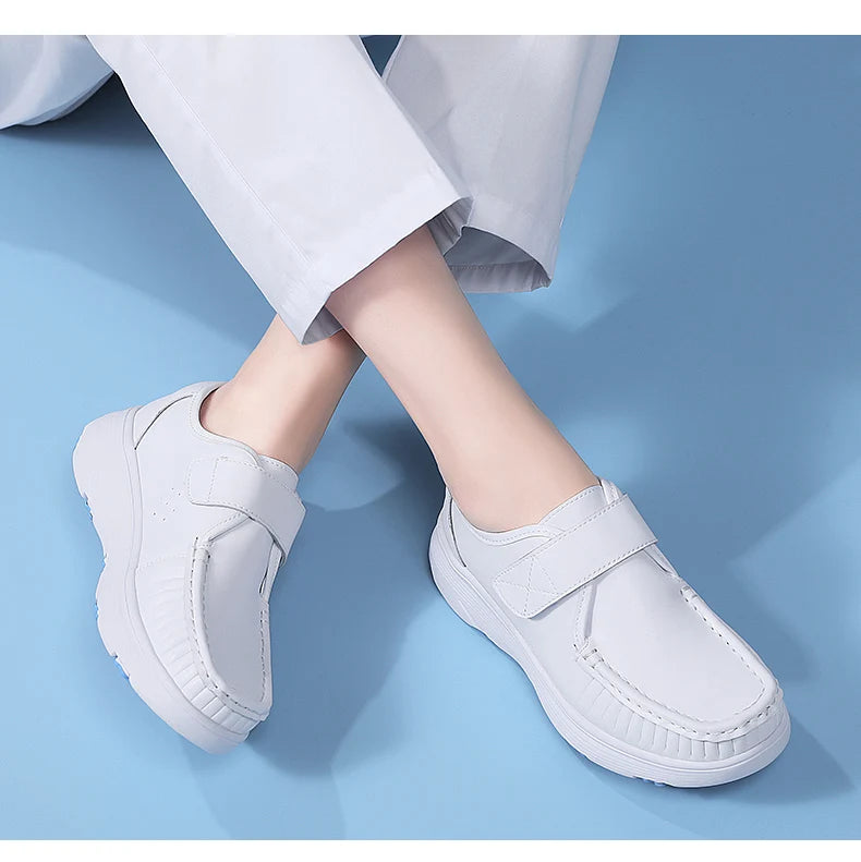 Women's Genuine Leather Nurse Shoes Soft Bottom Comfortable Breathable Anti-Slip Magic Tape Work Shoes Black White Spring Autumn