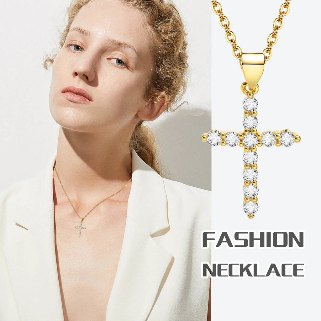 Minimalist Simple Cubic Zirconia Cross Pendant Neckalce for Women,  CZ Crucifix Neclace, 316L Stainless Steel Not Fade