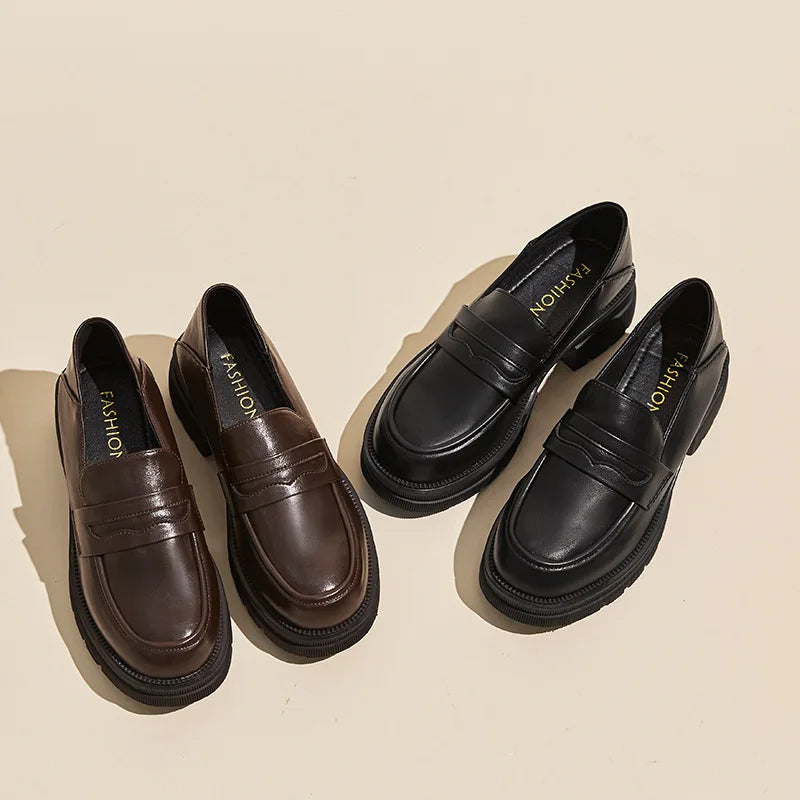 Leather shoes for women 2025 new style spring and autumn thick soled loafers British style retro single shoes for women