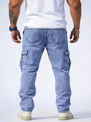 Men's Classic Multi-Pocket Jeans - Casual Street Style Regular Fit, Machine Washable, All-Season Wear, Light Blue Jeans