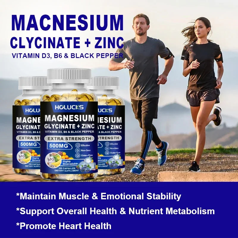 Magnesium Glycinate & Zinc 500mg - Chelated Supplement  - with Vitamin D3 & B6 - Support for Sleep, Muscle & Heart Health
