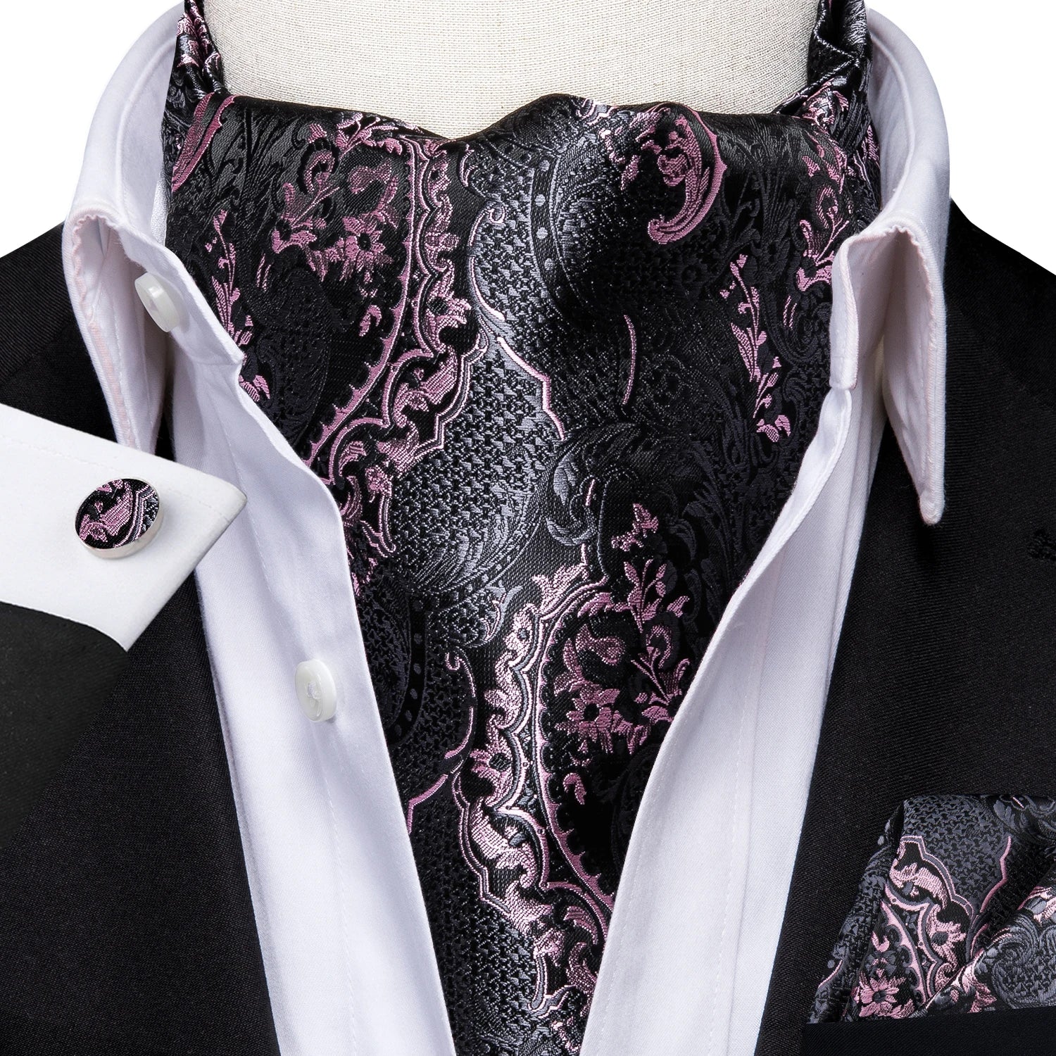 Hi-Tie Mens Ascot Black Pink Blue Red Gold Green Purple White Cravat Tie Hanky Cufflinks for Male Wedding Business Prom