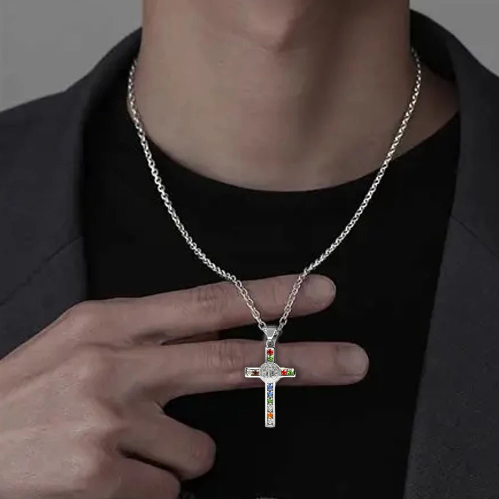 Saint Benedict Jesus Cross Stainless Steel Necklace Catholic Crucifix Male Colored Zircon Necklaces Jewelry San Benito