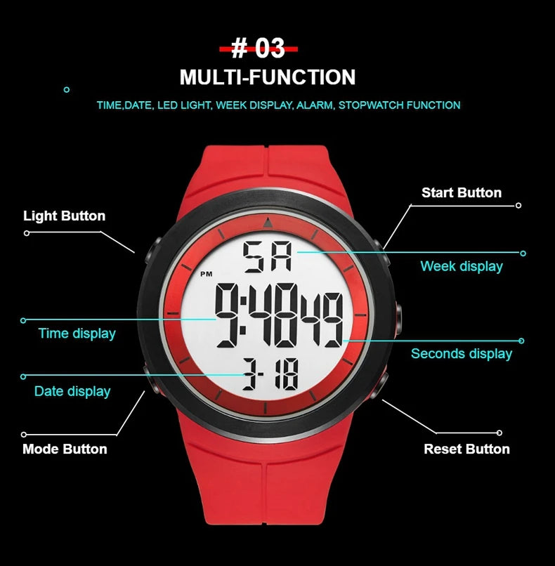Digital Watches for Men Black Waterproof Tactical Wristwatch Big Dial Waterproof Electronic Led Military Clocks Alarm Stopwatch