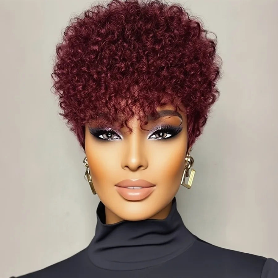 Women'S Brazilian Remy Human Hair Wig -full machine made Natural Look Short Kinky Curly Afro Texture, Voluminous Curly Hair,