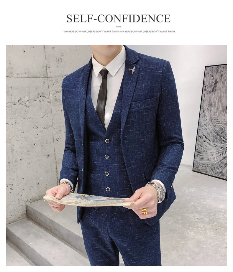 Men's Business Fitted Two-Button Suit Set Fashionable Versatile Trendy Three-Piece Ensemble for Groom Best Man Banquet Dress
