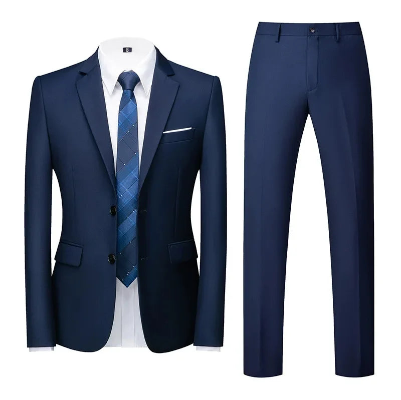 Men's Suit (Blazer+Pants) Fashion Business Casual Slim-fit Wedding Gentleman Solid Color Full Professional Interview Formal Suit