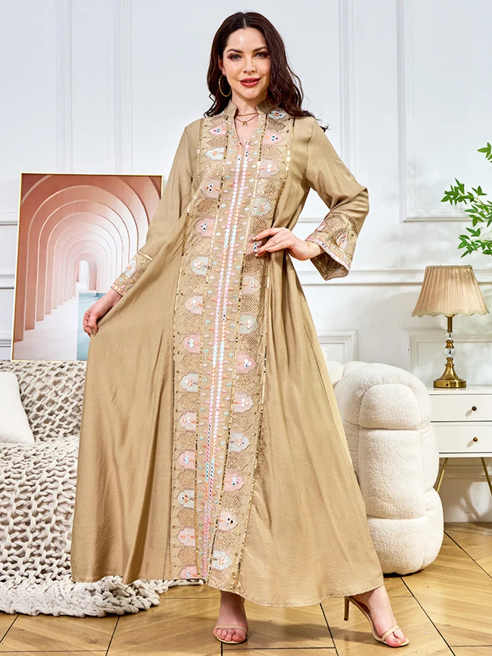2025 Muslim Women Long Sleeve Kaftan Arabic Sequins Embroidered Party Evening Long Abaya Muslim Fashion Dresses Abaya Dubai