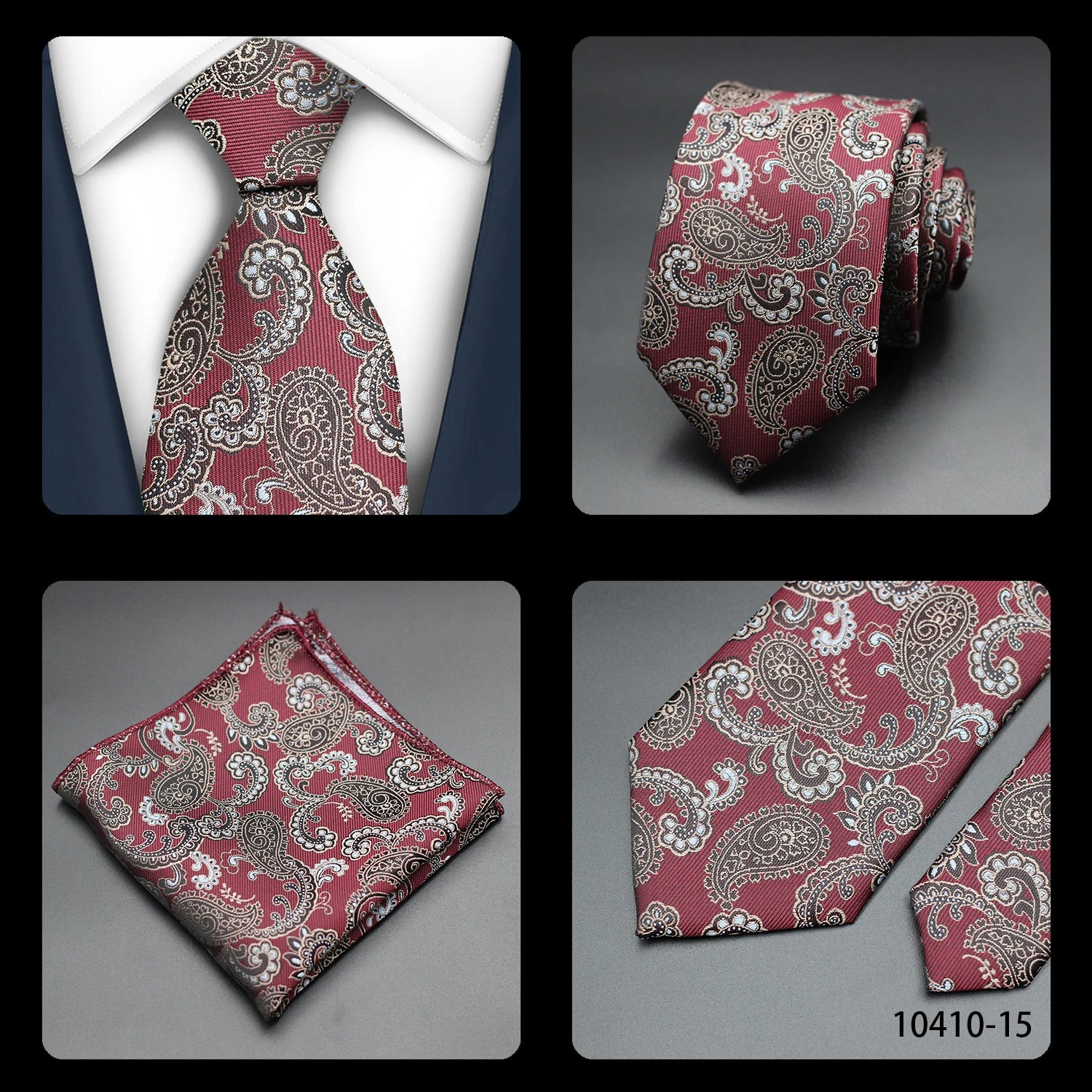Mens Gift Tie Set Exquisite Red Jacquard Wine Burgundy Paisley Wedding Tie For Men Fashion Design Quality Hanky Dropshipping