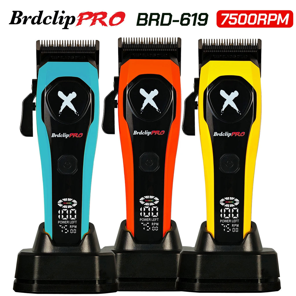 Professional BRDCLIP 619 Hair Clipper 7500RPM Precision Steel Sharp-angled Blades LCD Display Charging Base Hair Cutting Machine