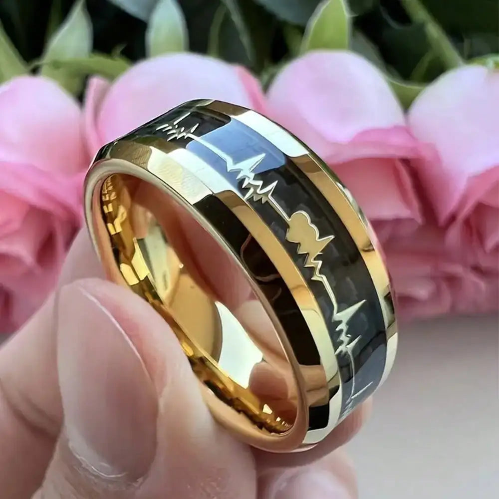 8mm Trendy Stainless Steel Rings For Men Jewelry Party Gift Fashion Black Carbon Fiber Golden Heart Rate Line Men Rings
