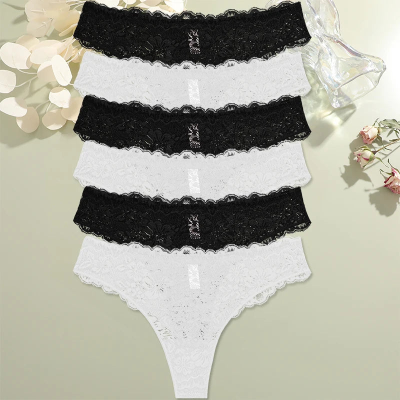 FINETOO 6Pcs/Set Perspective Lace Panties Hollow Out Low-waist Underwear Thongs Female Underpants Breathable Lingerie Intimates