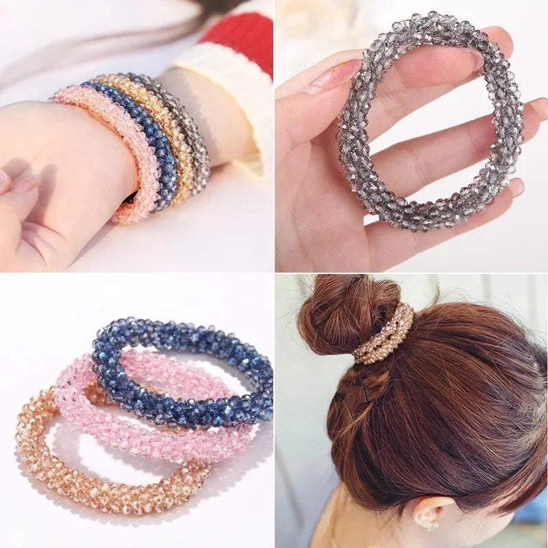Crystal Beads Hair Ties for Women Vintage Ponytail Scrunchies Elastic Hair Bands Glass Beaded Rubber Hair Rope Accessories