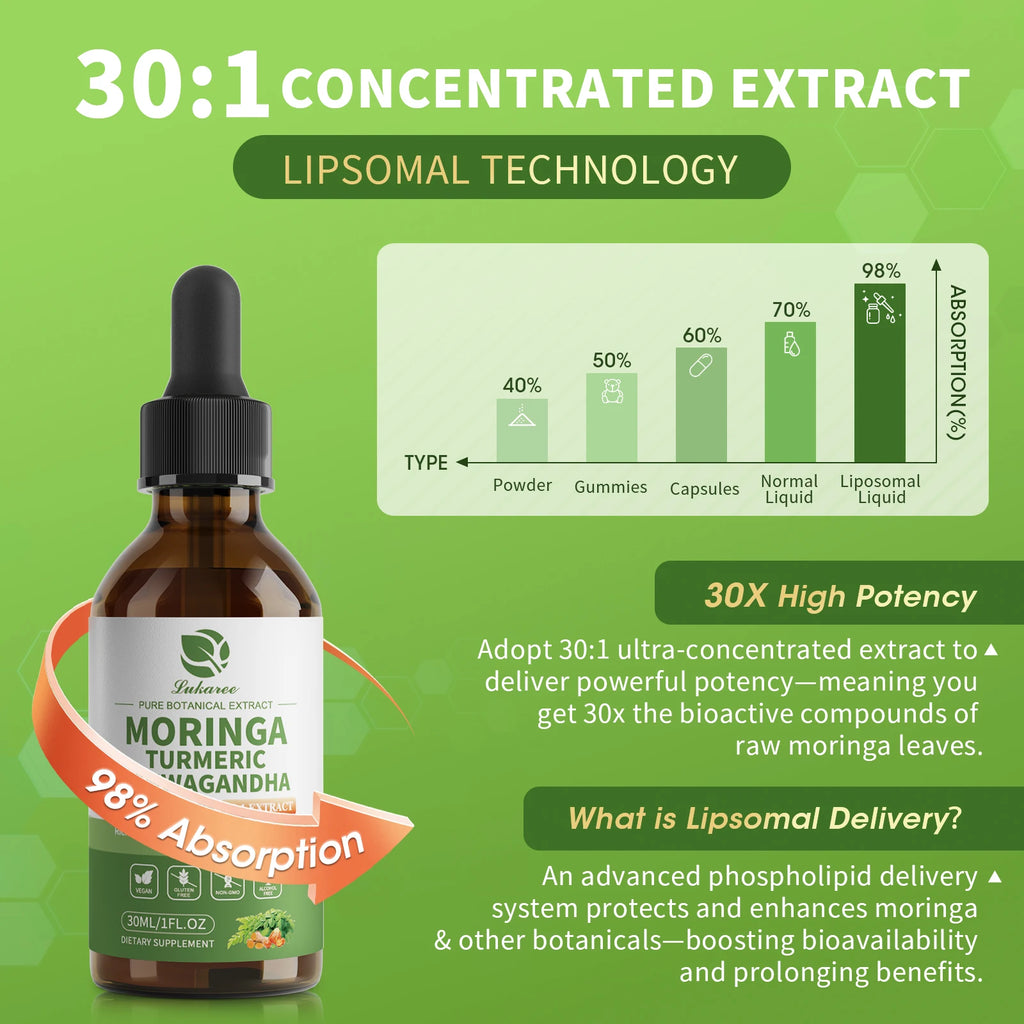 12-in-1 Organic Moringa Drops with Ashwagandha Turmeric Quercetin for Energy Immune Joint Digestive Metabolism, Vegan Non-GMO