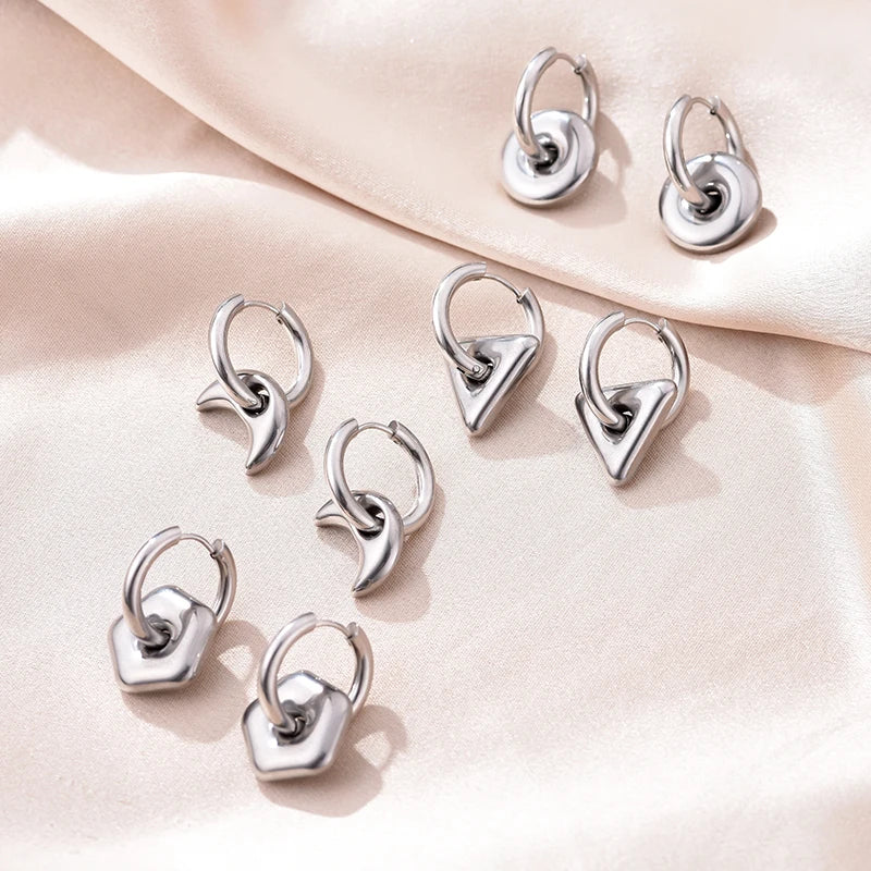 Stainless Steel Round Star Moon Heart Pendant Hoop Earrings for Women Fashion Classic Y2K Jewelry Gold Silver Color Earring