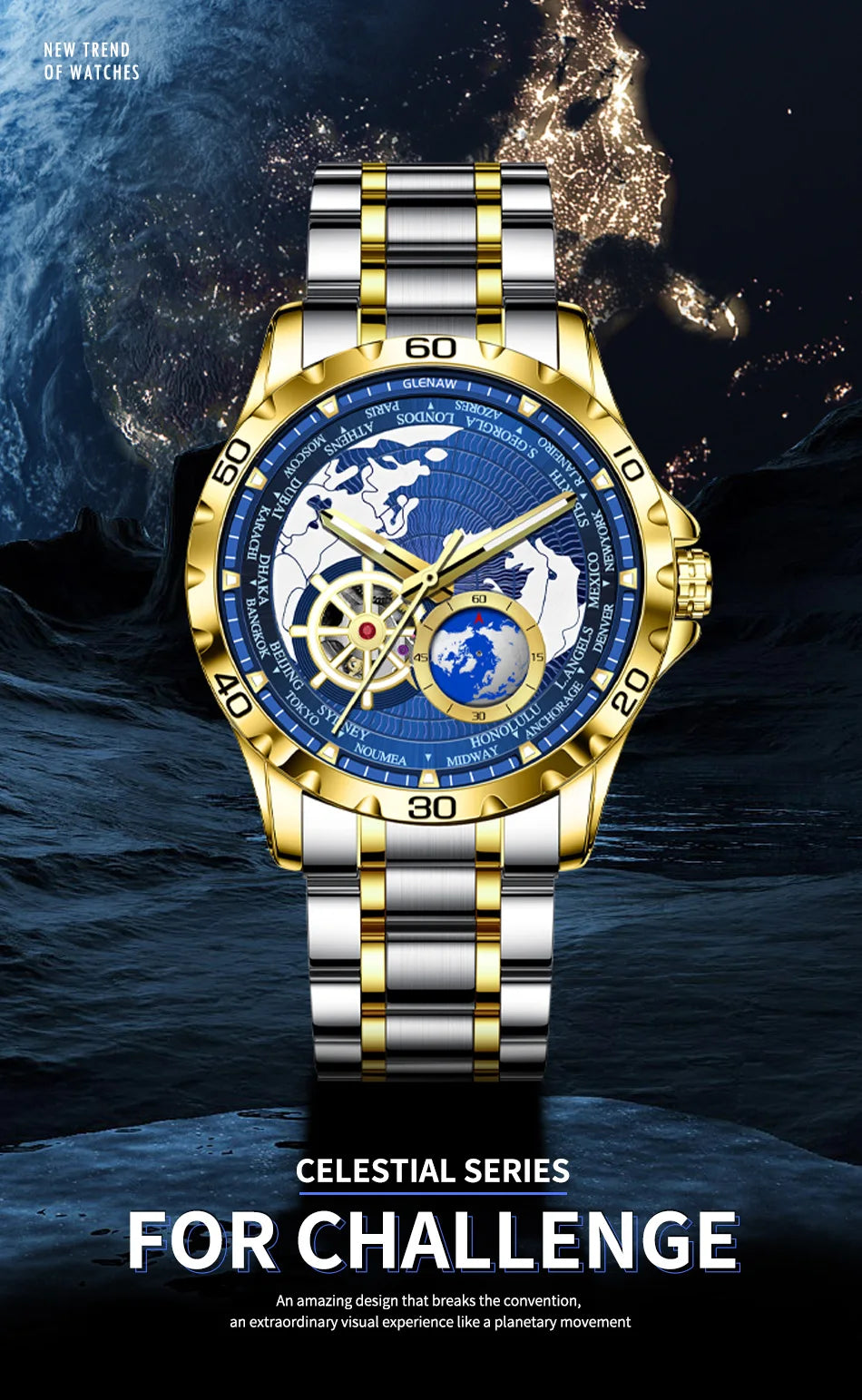 2025 New GLENAW Earth Series Mechanical Watch Men Rotating Earth Dial Night Light Waterproof Top Luxury Design Mechanical Watch