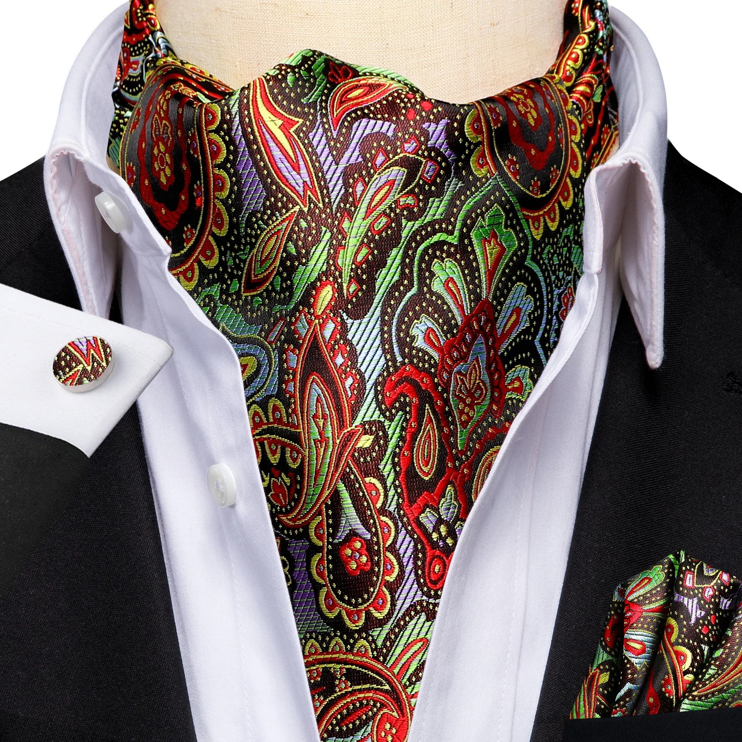 Hi-Tie Mens Ascot Black Pink Blue Red Gold Green Purple White Cravat Tie Hanky Cufflinks for Male Wedding Business Prom