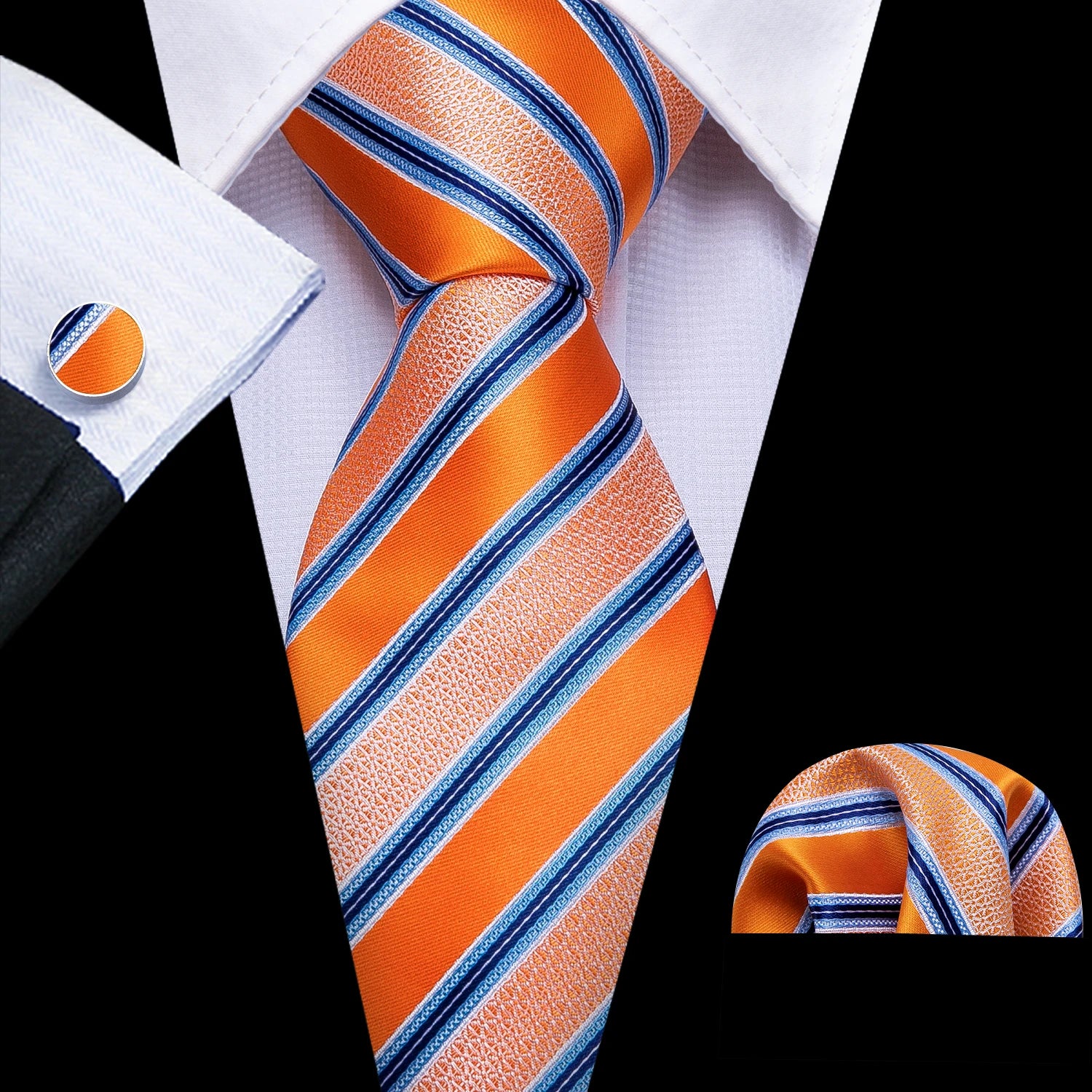 Fashion Khaki Striped Men Silk Necktie Fahsion Tie Handkerchief Cufflinks Sets Male Wedding Business Gift Barry.Wang Stylish