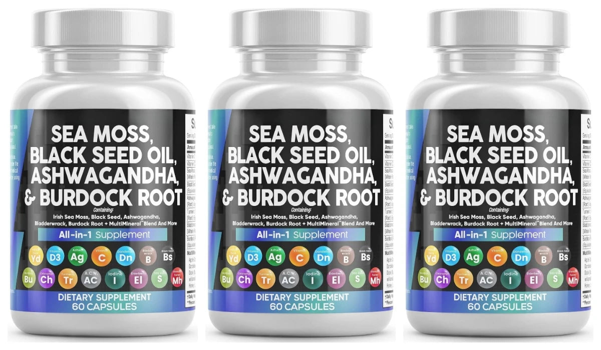 Sea Moss Capsules Contain Black Seed Turmeric & Vitamin D Plant-Based Daily Mineral  All in One Supplement 60 Count Per Bottle