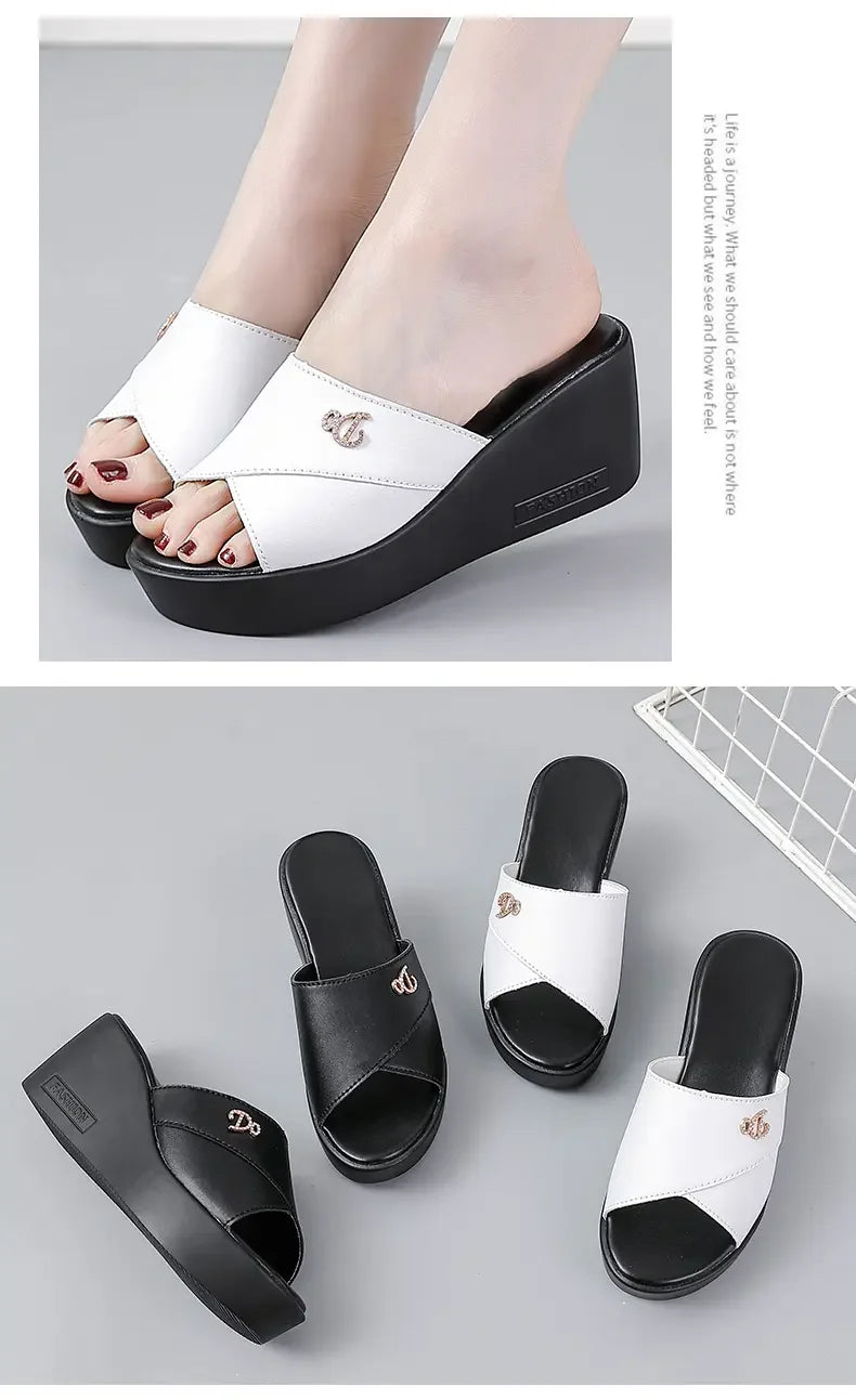 Women shoes Summer Fashion  leather Leisure shoes women platform wedges Fish Mouth Sandal Thick Bottom Slippers