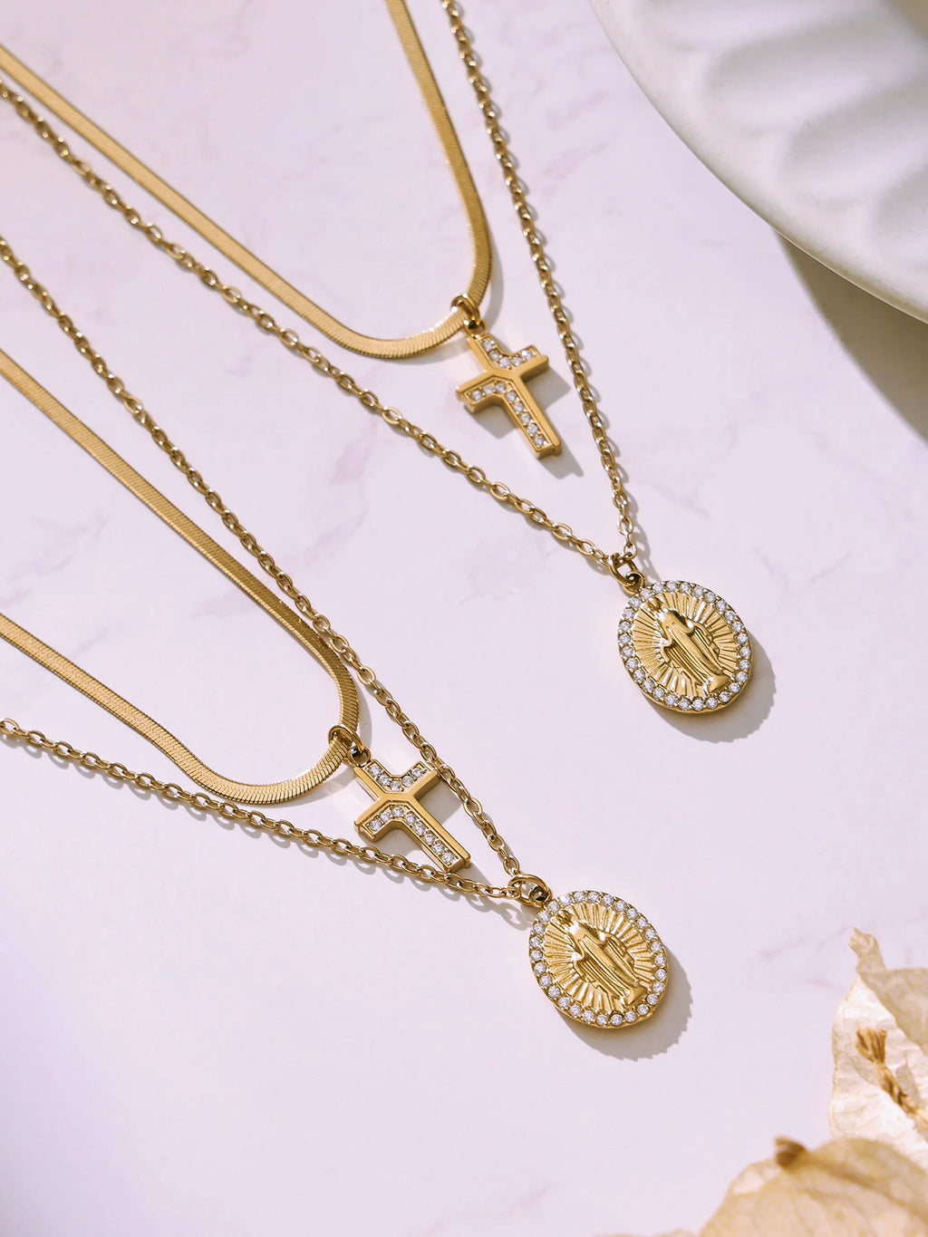Liora Chic Cubic Zirconia Cross Pendant Necklaces For Women Double Chain Stainless Steel Mujer Choker Fashion Party Jewelry
