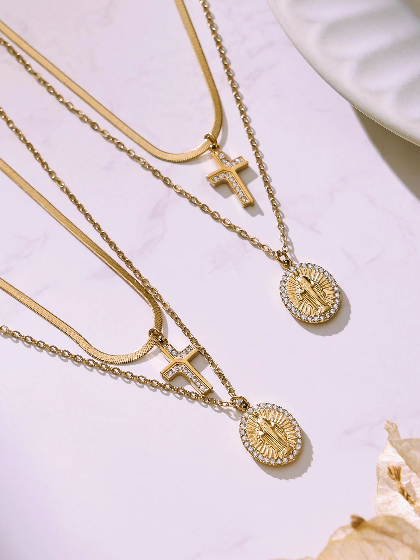 Liora Chic Cubic Zirconia Cross Pendant Necklaces For Women Double Chain Stainless Steel Mujer Choker Fashion Party Jewelry
