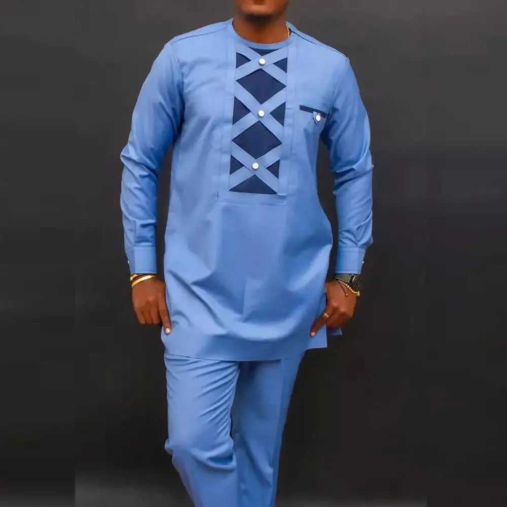 African traditional dress men's suit Long sleeve ethnic style printed patchwork shirt casual pants 2 piece holiday casual suit