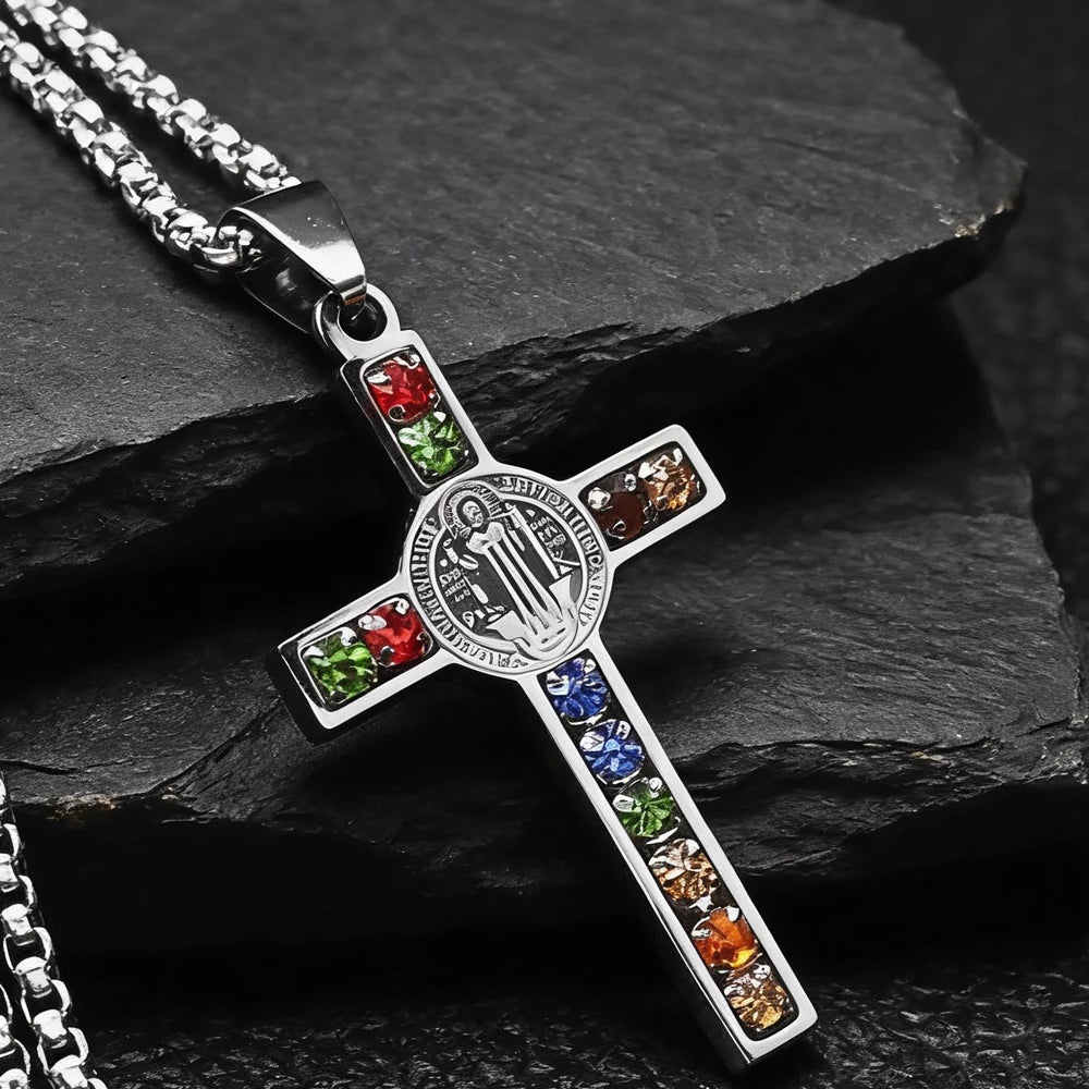 Saint Benedict Jesus Cross Stainless Steel Necklace Catholic Crucifix Male Colored Zircon Necklaces Jewelry San Benito