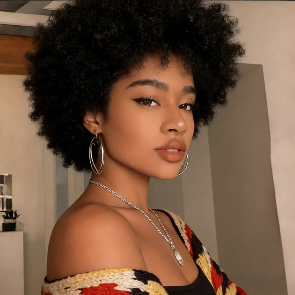 Afro Kinky Curly Pixie Human Hair Wig, full Machine Made No Tangling Minimal Shedding Wig, Natural Scalp Short Curly