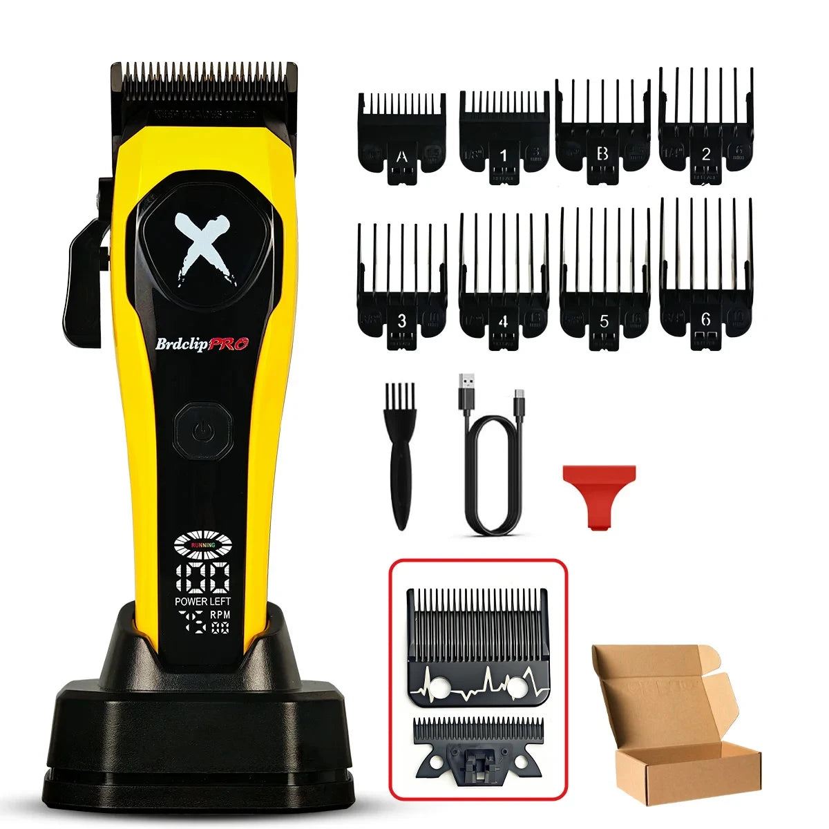 Professional BRDCLIP 619 Hair Clipper 7500RPM Precision Steel Sharp-angled Blades LCD Display Charging Base Hair Cutting Machine