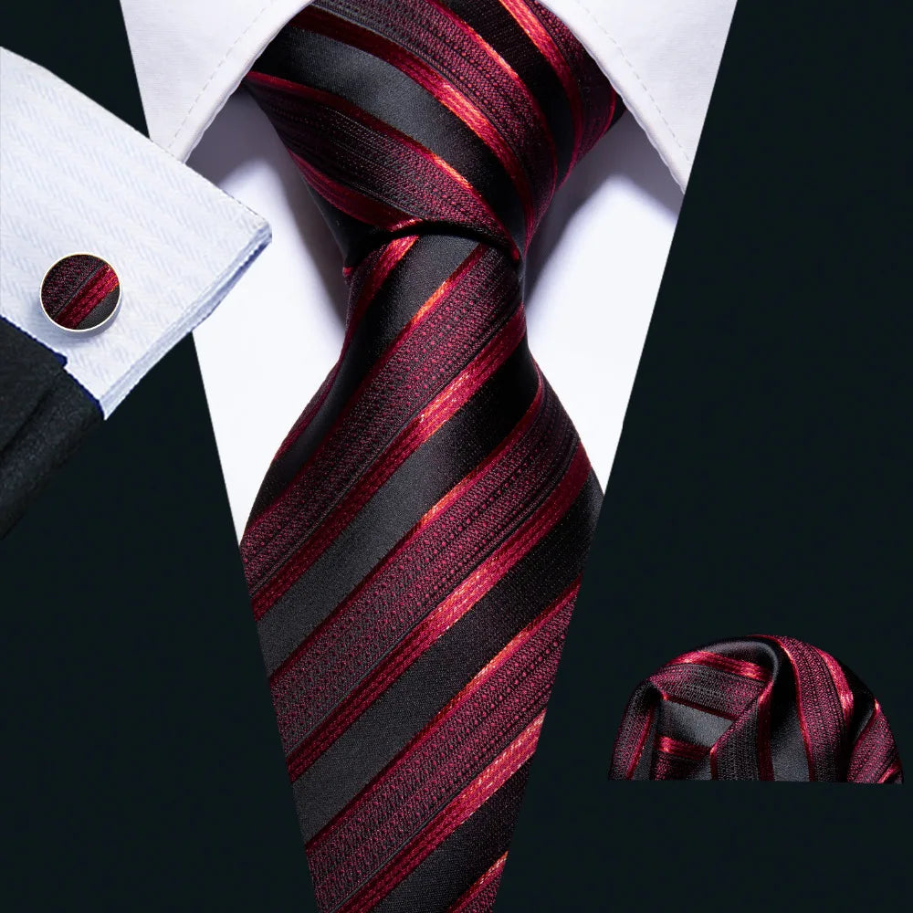 Male Luxury Neck Tie For Men Business Red Striped Tie Hanky Cufflinks Set Neckwear Wedding Party Casual