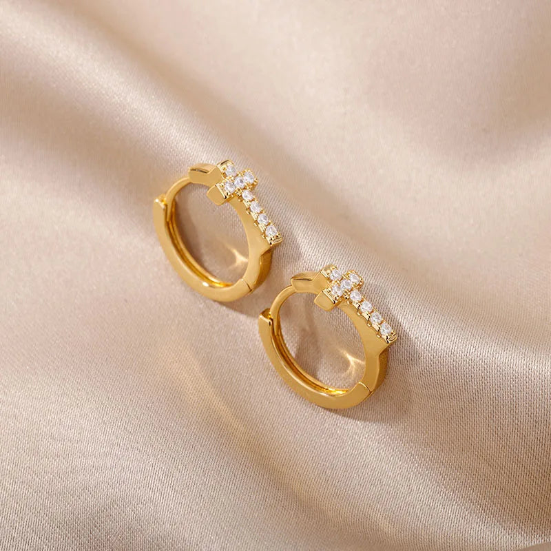 CZ Zircon Cross Hoop Earrings For Women Stainless Steel Hip Hop Punk Small Geometric Round Earrings Religion Jewelry Gift