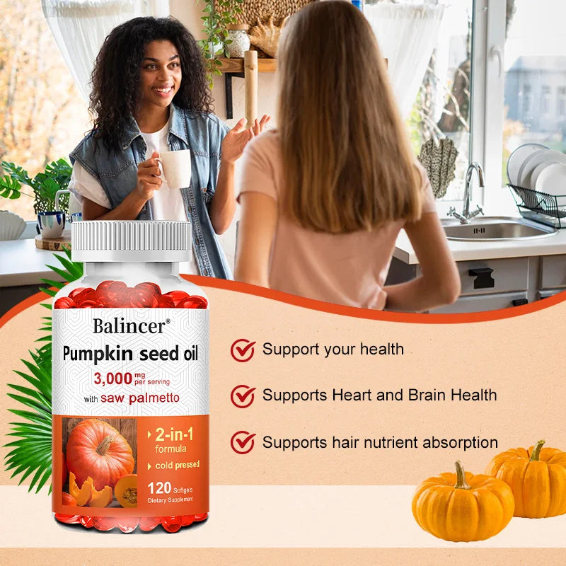 Pumpkin Seed Oil 3000mg with Saw Palmetto, Men’s Prostate, Urinary, Bladder & Hair Growth Support, Anti-Hair Loss, Non-GMO